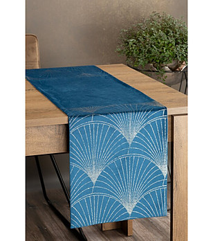 Тъмносин кадифен тишлайфер със златисти ветрилообразни мотиви 35x220 см снимка