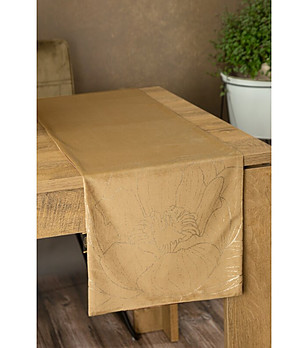 Кадифен тишлайфер цвят горчица със златисти цветя 35x180 см снимка