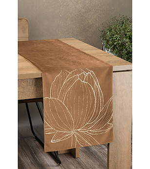 Кафяв кадифен тишлайфер със златист лотос 35x220 см снимка