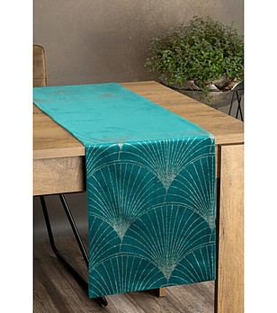 Тюркоазен кадифен тишлайфер със златист геометричен десен 35x140 см снимка