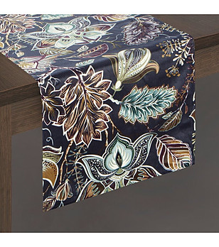 Тъмносин кадифен тишлайфер с флорален десен 33x140 см снимка