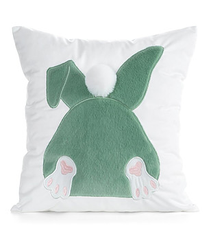 Бяла декоративна калъфка със зелен заек 45x45 см снимка