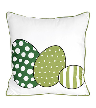 Бяла декоративна калъфка за възглавница със зелени яйца 45x45 см снимка