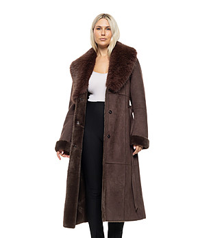 Кафяво дълго палто с пухена яка Ilonda снимка