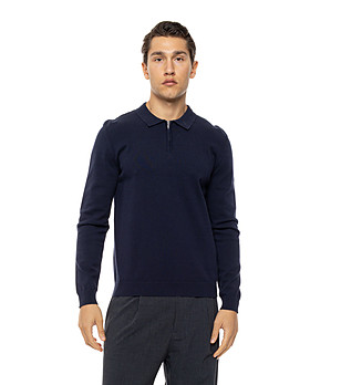 Тъмносиня мъжка плетена блуза с яка и цип Nеro снимка