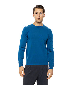 Мъжки петролен пуловер с обло деколте Lano снимка