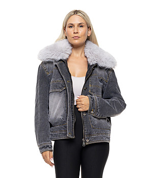 Черно деним яке с пухена яка Sinalia снимка