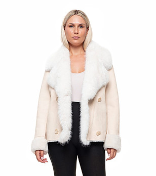 Светлобежово късо палто с пухена яка Jaya снимка