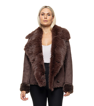 Кафяво дамско палто с пухкава яка Jaya снимка