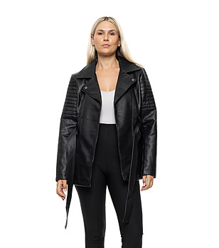 Черно дамско яке от еко кожа с колан Merina снимка