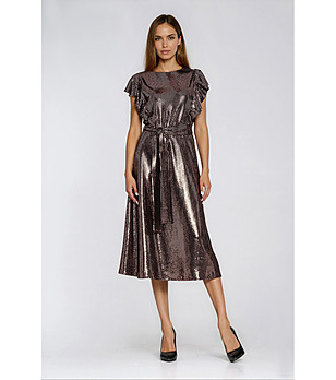 Рокля в меден нюанс с лъскав ефект и къс ръкав снимка