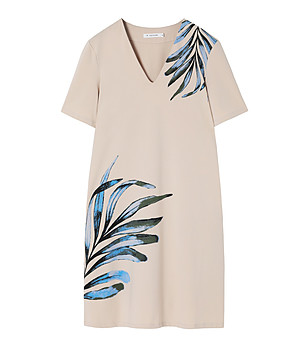Бежова памучна рокля с къс ръкав и принт на листа Aliza снимка