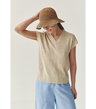 Бежова плетена блуза с ажурни страни Netta от лиосел и лен снимка