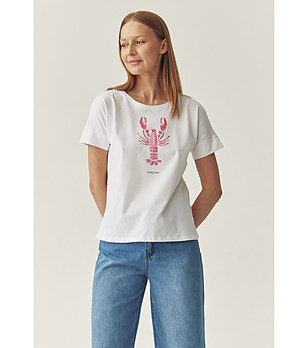 Бяла памучна тениска с принт на омар Claret снимка