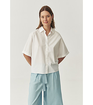 Бяла дамска памучна риза с къс ръкав Palmira снимка