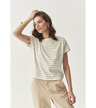 Памучна блуза в екрю цвят с райе Dina снимка