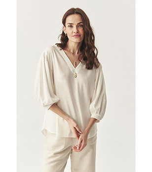 Кремава блуза с V-образно деколте и обемни ръкави Rikarda снимка