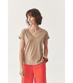 Дамска бежова блуза с къс ръкав и V-образно деколте Varina  снимка