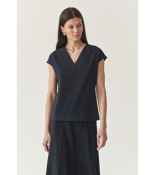 Тъмносиня памучна блуза с V-образно деколте Sidonie снимка