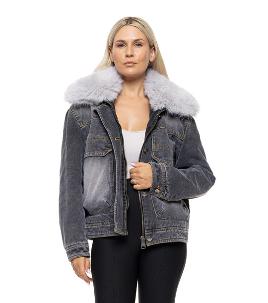 Черно деним яке с пухена яка Sinalia снимка