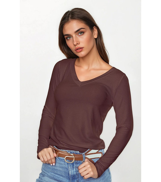 Кафява блуза с V-образно деколте ELEONOR снимка