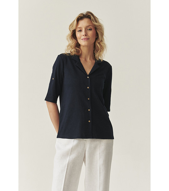 Тъмносиня дамска риза с 3/4 ръкав и памук Sara снимка