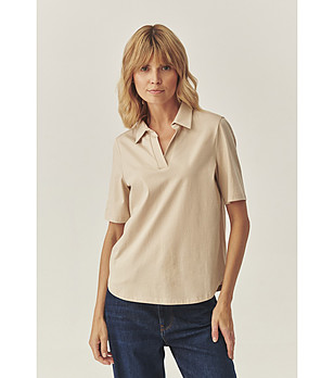 Дамска памучна бежова блуза с яка Faela снимка