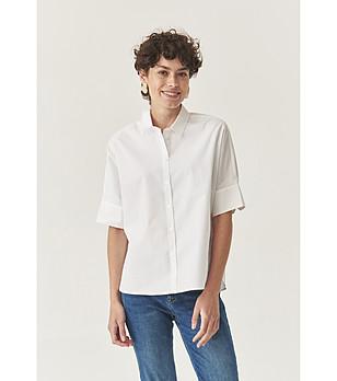 Бяла дамска памучна риза с къс ръкав Zila снимка