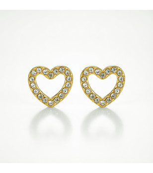 Златисти обеци сърца с прозрачни кристали снимка