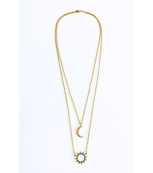 Златисто двуредово колие от неръждаема стомана с луна и слънце снимка