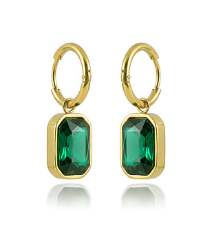 Златисти обеци халки със зелени правоъгълни камъни снимка