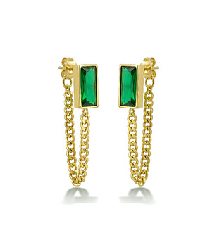 Позлатени обеци в златисто със зелени правоъгълни камъни и верижки снимка