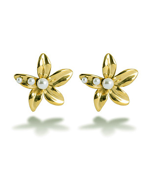 Златисти обеци цветя с перли снимка