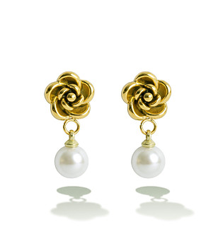 Златисти обеци с перла и цветя снимка