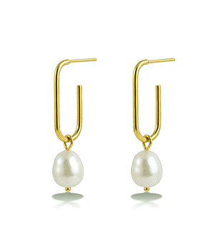 Златисти обеци от неръждаема стомана с бели перли снимка