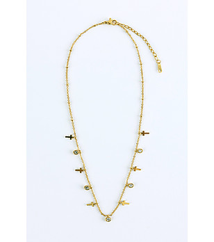 Дамско златисто колие от неръждаема стомана с кръстчета и прозрачни камъни снимка