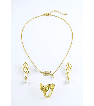 Златист комплект бижута с бели перли и листа снимка