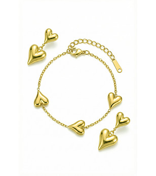 Златист комплект бижута с гривна и обеци със сърца снимка