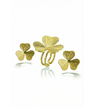 Златист комплект бижута с пръстен и обеци с листа снимка