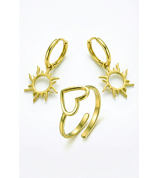 Златист комплект бижута с обеци слънце и пръстен сърце снимка