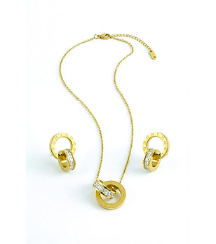 Златист комплект бижута от неръждаема стомана с циркони снимка