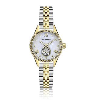 Дамски двуцветен автоматичен часовник с бял седефен циферблат  снимка