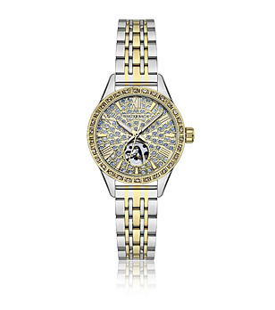 Дамски двуцветен часовник със златист циферблат с кристали  снимка