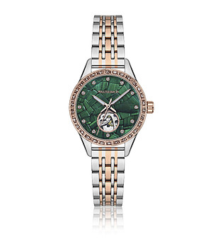 Дамски сребрист часовник с двуцветна верижка и зелен циферблат  снимка