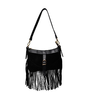 Черна чанта през рамо с ресни снимка