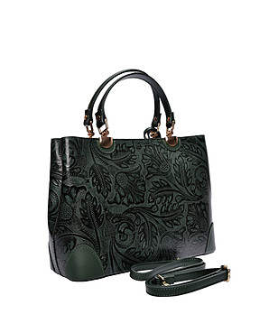 Зелена чанта тип tote с релефен флорален десен  снимка