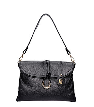 Черна кожена дамска чанта за рамо с капак снимка