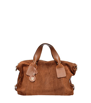 Дамска чанта от естествена велур цвят коняк снимка