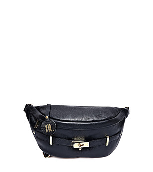 Дамска кожена чанта тип багета в черен цвят снимка