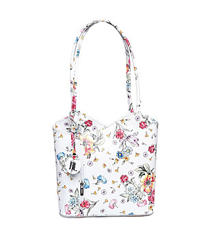 Бяла дамска кожена чанта-раница с флорален принт Sandra снимка